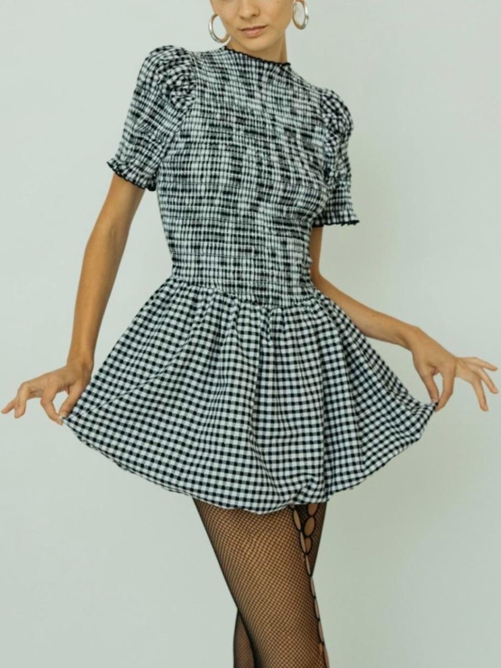 Gingham Smocked Puff-Sleeve Mini Dress - Black & White
